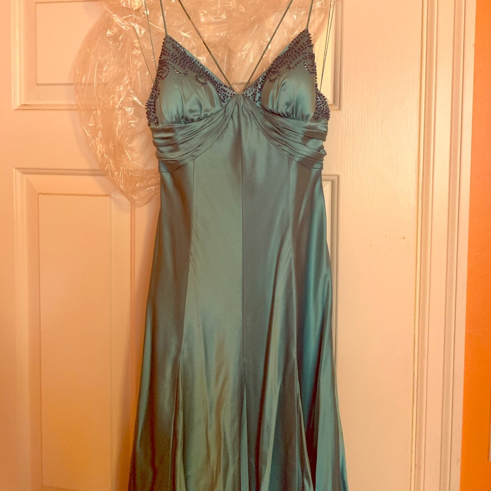 Floor length satin aqua evening gown size 2